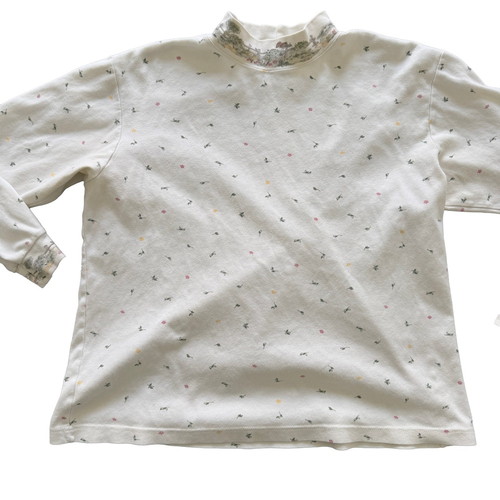 Vintage Cottagecore Ditsy Floral Mock Neck Top Cream Garden Graphic Long Sleeve - Picture 2 of 6